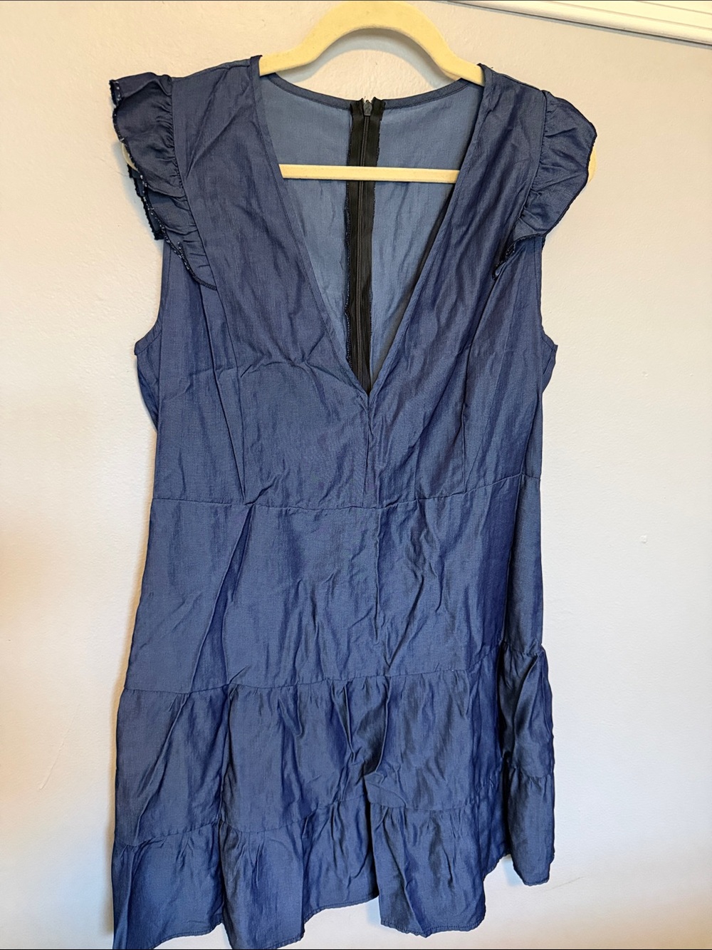 Denim look chambray Ruffle Sleeve V-Neck Dress